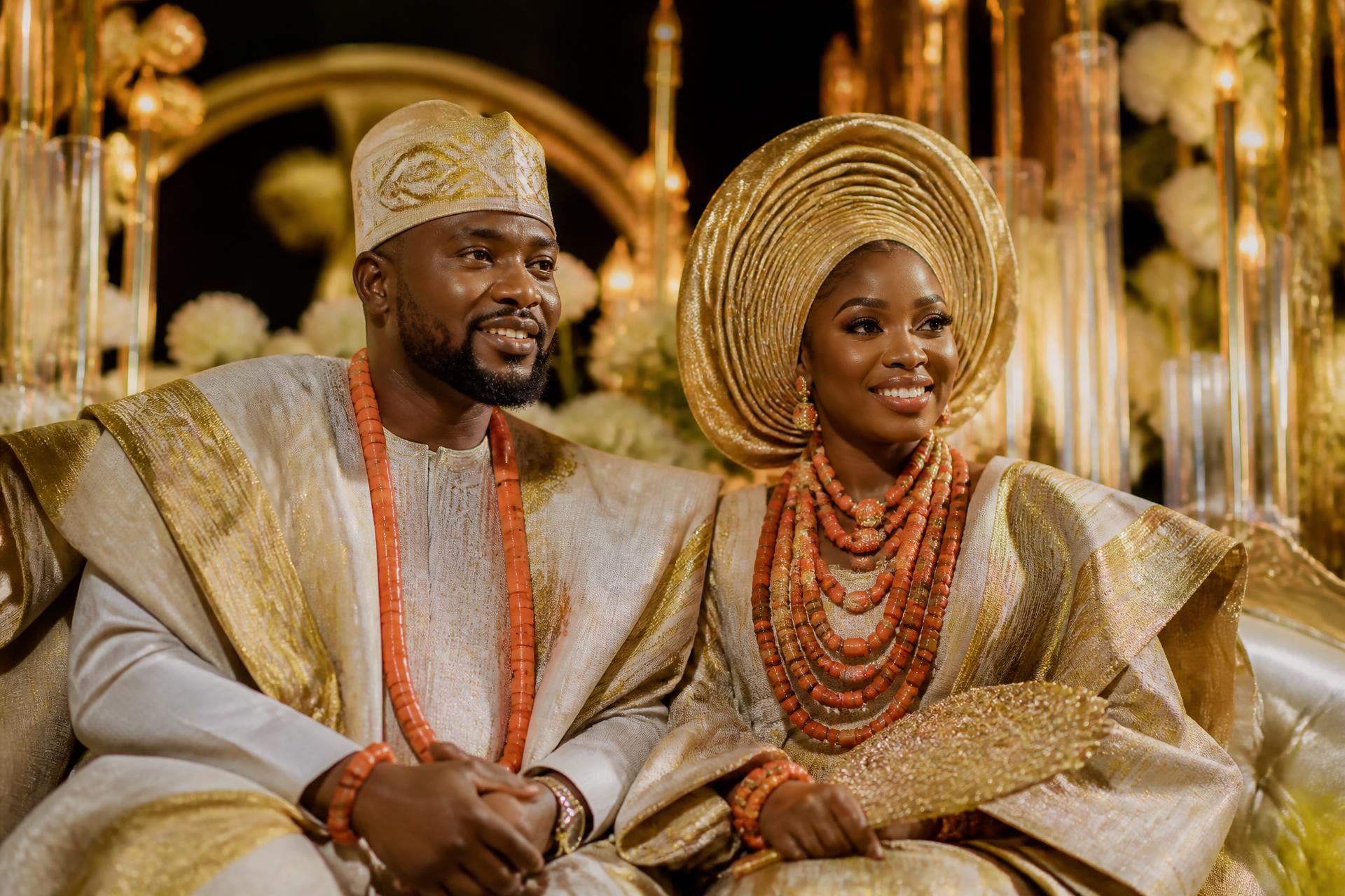 Yoruba traditional wedding couple in luxurious aso-oke and gele